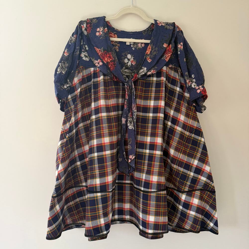Pilcro Plaid Babydoll Dress Floral Bib & Sleeve Mini Dress with Pockets Sz Lg